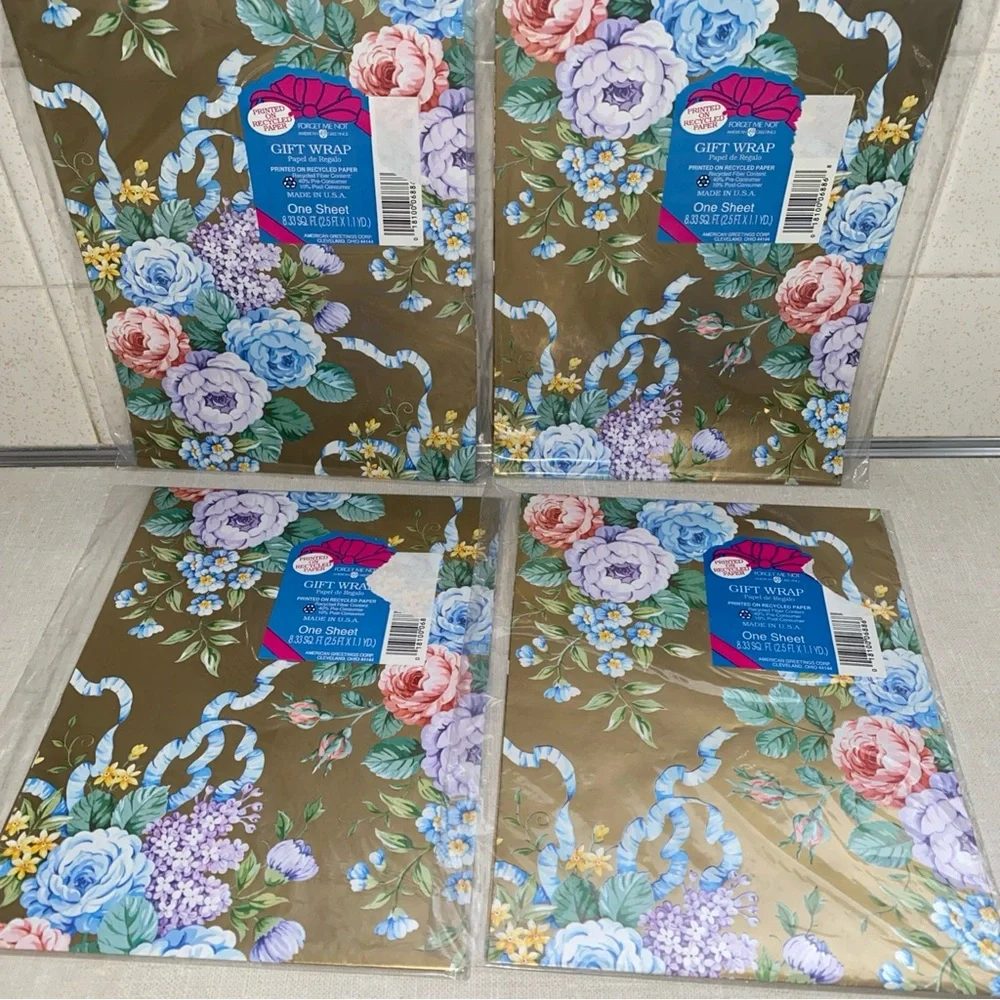 American Greetings Vintage‎ Gold Multiple Color Floral Gift Wrap 4 Sheets Sealed